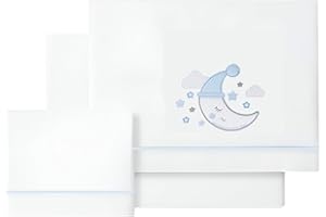 various - Set di lenzuola per lettino 60 x 120 cm, per neonati primavera e autunno, tipo 100% cotone extra morbido in Spagna-(basso+piano di lavoro+federa cuscino-luna colore BCO/blu