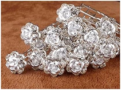20 x Stunning Diamante Floral Rose Flower Hair Pins Bridal Wedding Flower Rhinestone Crystals U Shaped Pins Available In Many Colors (Silver)