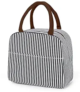 Xelvix Insulated Lunch Bags Small for Women Work,Student Kids to School,Thermal Cooler Tote Bag Picnic Organizer Storage Lunch Box Portable and Reusable (Black Stripes)