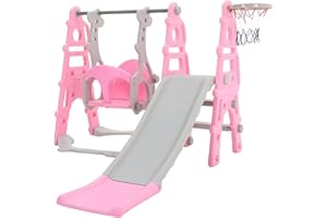 FUKEA Baby Swing Slide, 4-in-1 Toddler Slide and Swing Set with Basketball Hoop, Garden Climbing Frame, Outdoor Indoor Large Slide Swing for Toddlers Age 1-3, Kids Gift (Pink)
