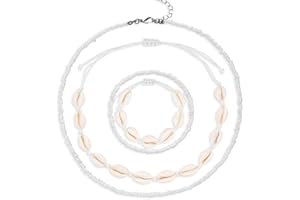 Lucktao 4 Stück Muschel Halskette Armband Set,Damen Natural Shell Choker Halsketten Armband Schmuck Set Boho Muschelkette,Halskette verstellbares Armband für Damen Mädchen Sommer Strand Schmuck.