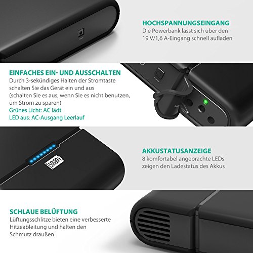 RAVPower 27000mAH Powerstation Tragbare AC Ausgang fÃ¼r 110V / 220V HaushaltsgerÃ¤te mit Type-C 5V / 3A und USB-iSmart 5V / 2,4A Port fÃ¼r Notebook, Smartphones, Tablet und weitere