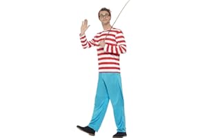 Smiffys Where's Wally? Costume, Red & White with Top, Trousers, Glasses & Hat, Officially Licensed Where's Wally Fancy Dress, Adult Wheres Wally Dress Up Costumes