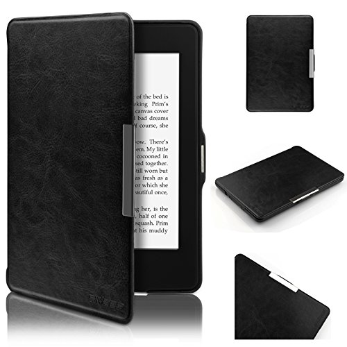 Swees® Lederhülle für Amazon alle neue Kindle Paperwhite 2015 300 PPI 3.Generation / 2014 / 2013 / 2012 Leder Schutzhülle Hülle Tasche Leather Case Cover Mit Sleep / Wake Smart Cover Funktion + Displayschutzfolie - Schwarz