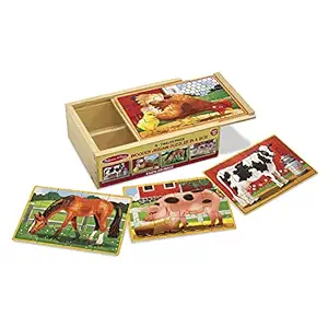 Melissa & Doug Farm Jigsaw Puzzles in a Box (Four Wooden Puzzles, Beautiful Artwork, Sturdy Wooden Storage Box, 48 Pieces, 8 H x 6 W x 2.5 L)