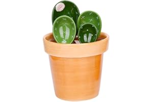 HOKMOKQOK Cute Cactus Measuring Spoons Set in Pot Organizer,5 Pieces Ceramic Measuring Cups Set for Kitchen Dry Wet Ingredients, Liquid Food,Salt and Sugar,Kawaii Cactus Figurine Spoon with Base Cup (Green)