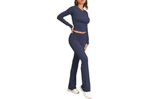 Famulily Women's Tracksuit Two Piece Outfit Skims Dupe Long Sleeve Fold-over Crop Top and Low Rise Flare Pants Set Lounge Sets S-L