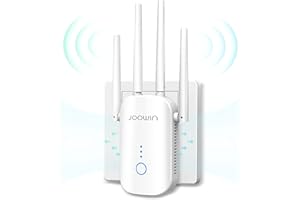 JOOWIN Double bande Répéteur WiFi 1 200 Mbps Amplificateur WiFi 2,4 GHz & 5 GHz Extenseur de réseau WiFi Booster Compatible AP/Routeur Mode, WiFi Repeater avec 4 x 3 dBi Antennes