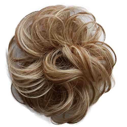 PRETTYSHOP 100% Human Hair Scrunchy Scrunchie Bun Up Do Hair Piece Hair Ribbon Ponytail Extensions Wavy Curly or Messy Div. colours (honey blonde mix 27H613 H312)