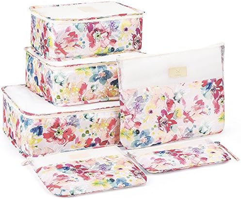 6 Set Packing Cubes,Compression Travel Luggage Organizers with Laundry Bag Shoes Bag for Carry-on Luggage, Suitcase and Backpacking Accessories (Beige Flower)