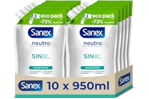 Sanex - Recambio Gel de Ducha Sanex Neutro Hidratante Pack 10 x 900 ml | Con Ingredientes Esenciales | 0% sulfatos*, 0% jabón y 0% colorantes | Gel de Baño Todo Tipo de Piel | Hidratación Duradera
