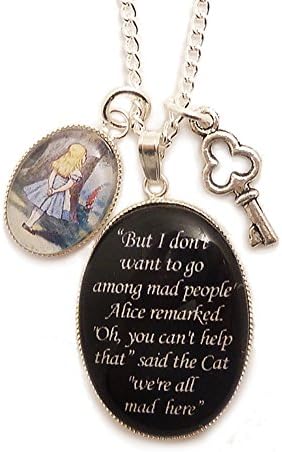 Alice in Wonderland charm necklace - We're all mad here Cheshire cat quote