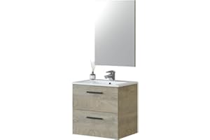 Habitdesign Mobile da bagno con 2 cassetti e specchio, modulo lavabo, modello Aruba, finitura in rovere alaska, dimensioni: 60 cm (larghezza) x 57 cm (altezza) x 45 cm (profondità)