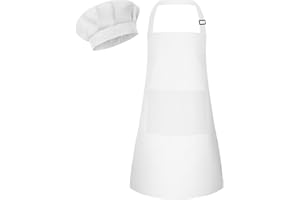 Bouiexye Kinder Schürze und Kochmütze Set Verstellbare Kinder Kinderschürze Bemalen Schürze Küchenschürze Bastelschürzen mit 2 Taschen zum Malen Backen Kochen