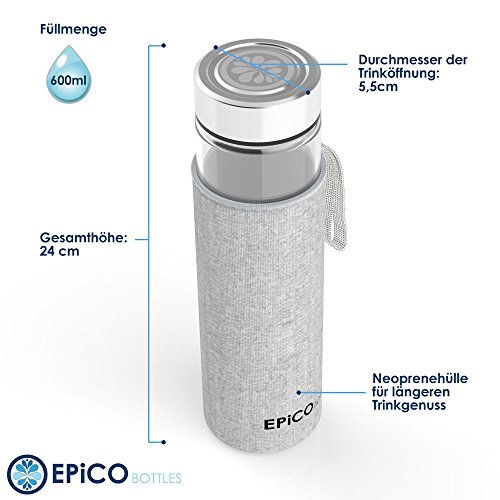 EPiCO BOTTLES Classic 600ml | Glasflasche für Unterwegs | Trinkflasche aus Glas zum Mitnehmen | Wasserflasche für heiß kalt Getränke | Perfekt für Yoga, Wandern, Büro | Ideal für Smoothies, Tee | BPA-frei - 5