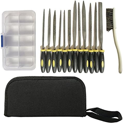 DIYNP 12pc Mini Assorted Wood Rasp Set Steel Needle Files Trimming File with Brush, Parts Box and Storage Box