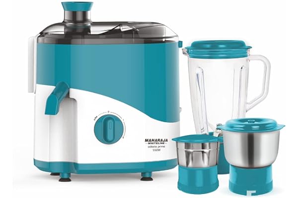 Maharaja Whiteline Odacio Prime Juicer Mixer Grinder with 3 Jars, Motor, Superior Stainless Steel Mesh, High Grade Plastic Lid for More Durability, 2 Year Warranty (Blue & White)
