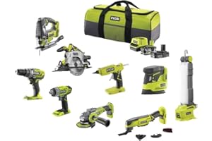 Ryobi - Set of 9 Tools 18V ONE+: Drill, Impact Screwdriver, Grinder, Multi-Tools, Glue Gun, Circular Saw, Jigsaw, Lamp, Sander + 2 Batteries and Charger - R18CK9B-252SLZ