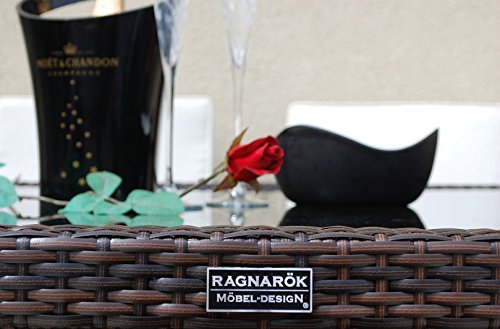 Gartenmöbel PolyRattan Essgruppe Tisch mit 4 x Stuhl & 4 Hocker DEUTSCHE MARKE -- EIGNENE PRODUKTION Garten Möbel incl. Glas und Sitzkissen Ragnarök Möbeldesign braun Rattan