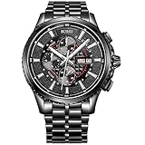 BUREI Chronograph Herrenuhr mit analogem Zifferblatt und Edelstahl-Lederband (Black Stainless Steel)