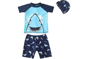 FedMois Maillot de Bain Bébé Garçon 3 pièces Combinaison Anti UV T-Shirt + Shorts + Bonnet de Bain