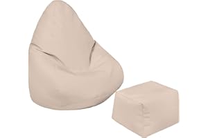 Loft 25 – Pouf poire gamer pour enfants, mobilier résistant à l'eau, pour intérieur et extérieur, salon, durable et confortable, design ergonomique (pouf + repose-pieds, gris pierre)