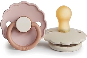 FRIGG Daisy Latex Pacifier Pack of 2 | Natural Rubber Soother Dummy | BPA-Free | Made in Denmark | Symmetrical Cherry Shaped Nipple (Biscuit/Cream, Size 1 (0-6 Months))