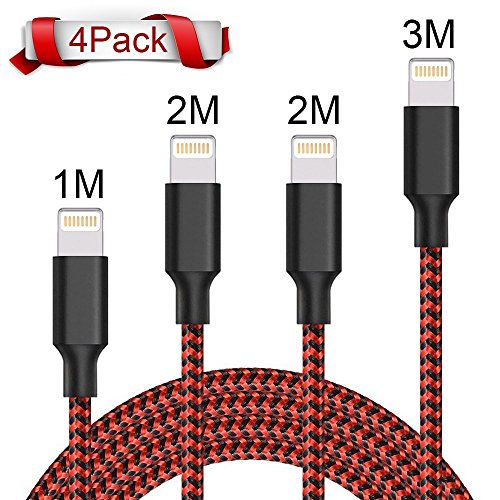 WZS C  ble iPhone  Pack DE 4  1M 2M 2M 3M C  ble Lightning vers USB de Nylon Tress   Connecteur en Aluminium Chargeur iPhone pour iPhone 8 8 Plus 7 7 Plus 6S-Noir Rouge
