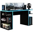 MADESA Gaming Computer Desk and Office Table with 5 Shelves and Cable Management, Wood, 136 W x 75 H x 60 D Cm (Black/Blue)
