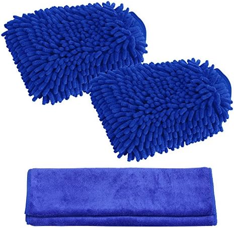 Premium Microfiber Glove (2-pack) with FREE POLISHING CLOTH by SYCESS, Chenille Mitt Wash Mitt for car cleaning, Highest Density, Ultra-soft, Super Absorbent