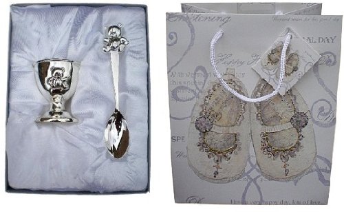NEW Silver Plated Teddy Egg Cup & Spoon Boxed Set with Christening Gift Bag & Tag