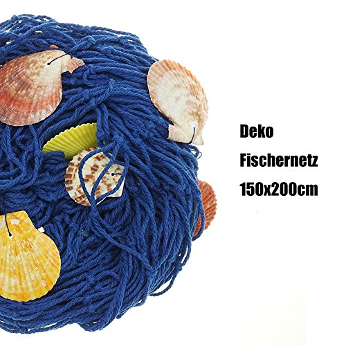 SECOWEL Deko Fischernetz Maritime Dekoration Fotografie Prop mit Farbigen Muscheln Blau (150 x 200 cm) - 2