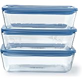 PYREX Zero Plastic Set of 3 Rectangular Borosilicate Glass Boxes - Glass Lids - Oven Compatible - Made in France (3 x 1.5 L)