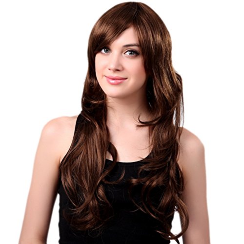 Bigood 68cm Temperament Natural Inclined bang long curly Dark brown wig