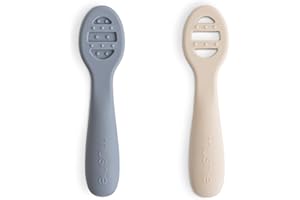 Mushie Cuillère D'apprentissage en Silicone | Lot De 2 Cuillères Pour Tout-Petits| Pour Bébé Pour Apprendre à Manger Seul | Lavable au Lave-Vaisselle | Tradewinds/Shifting Sand
