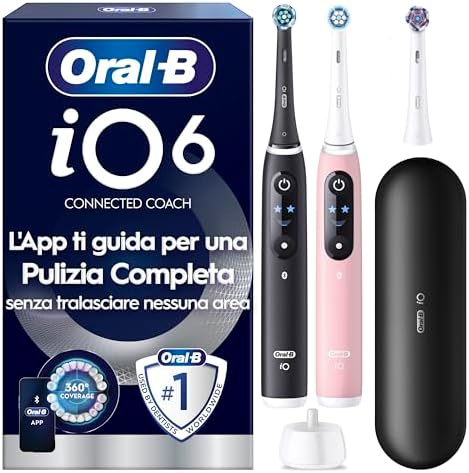Oral-B iO6 Spazzolino Elettrico | Nero & Rosa | 3 Testine di Ricambio | Batteria a Lunga Durata | Custodia da Viaggio Premium | Confezione da 2 Spazzolini