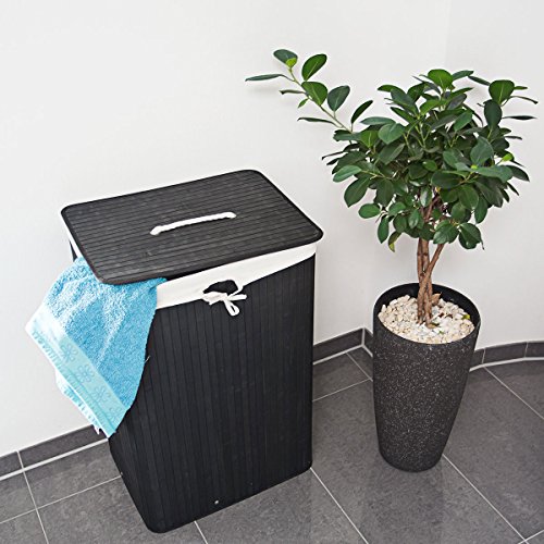 Relaxdays Wäschekorb Bambus HxBxT: ca. 65,5 x 43,5 x 33,5 cm faltbare Wäschetruhe rechteckig mit einem Fassungsvolumen von 83 L mit Wäschesack aus Baumwolle zum Herausnehmen als Wäschepuff, schwarz - 2