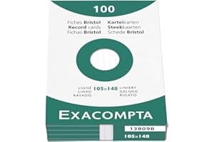 Exacompta - Ref 13809B - Bristol Lined Record Cards (Pack of 100) - A6 in Size, 205gsm Card, Compatible with Printers - Suitable for Exam Revision & Notes - White