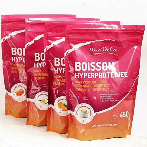 Lote Descubrir 4 Maxi bolsas de 450 gr(Naranja Vainilla Caramelo Cappuccino) Preparaciones hiperproteicas para realizar 72 bebidas para dieta proteica adelgazante