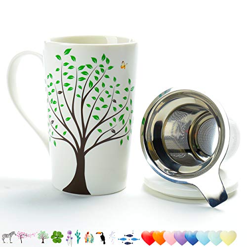 Keramischer Teebecher (510ml) mit Infuser & Deckel, TEANAGOO, Reisegeschirr mit Filter Green Tree, Teetassen-Steeper-Maker, Brauenfilter für losen Blatttee, Diffusorset für Tee-Liebhaber-Geschenk