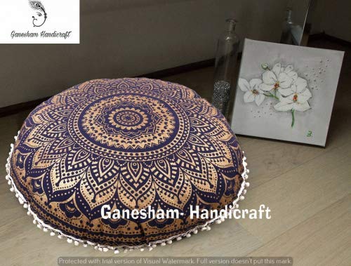 Ganesham handicrafts- rotonda mandala Pillow Living Room Decor boho Decor, hippie rotondo Seating pouf ottomano, mandala pavimento cuscini con pom pom Border meditazione cuscino (Christmas Gift)