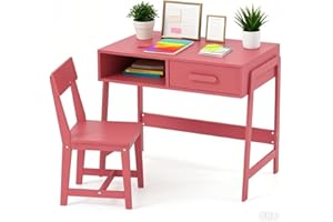 LIFEZEAL Set Scrivania e Sedia per Bambini 3+Anni, Scrivania con Cassetto, Banco Scuola, Tavolo da Studio, Sedia con Schienale, in Legno, per Cameretta, Giocare, Studiare, Multiattività, Rosa