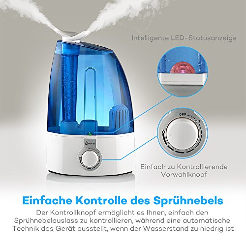Luftbefeuchter TaoTronics 3,5L, 30W Ultraschall Raumbefeuchter, zwei 360° drehbare Dampfdüsen, extra feiner Keramikfilter, - 4
