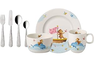Villeroy & Boch - Kiddy Bears Set Di Stoviglie Per Bambini 7 Pz. 7 Pezzi Blu, Lavabile in Lavastoviglie, "Happy as a Bear", Piatto, Scodella, Tazze, Posate, Porcellana Premium,Acciaio Inossidabile