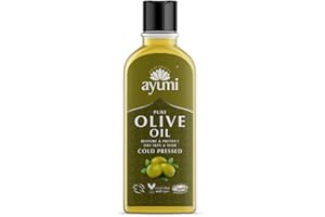 Huile d'Olive Pure Ayumi, Huile d'Olive Pressée à Froid, Pour des Cheveux Plus Sains & une Peau Moins Ridée. Avec Vitamines A, D, E & K, et Squalane, 1 x 150ml