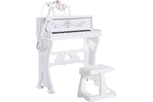 HOMCOM 37 Keys Kids Piano Mini Electronic Keyboard Light Kids Musical Instrument Educational Game Children Grand Piano Toy Set w/Stool & Microphone & Music Stand (White)