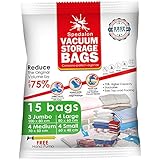 Sacs de rangement sous vide - Lot de 15 sacs (3 très grands modèles 100x80 cm + 4 grands modèles 80x60 cm + 4 modèles moyens 70x50 cm + 4 petits modèles 60x40 cm). Réutilisables avec pompe manuelle incluse pour vos voyages. Pour vêtements, draps de lit, oreillers, couvertures, rideaux