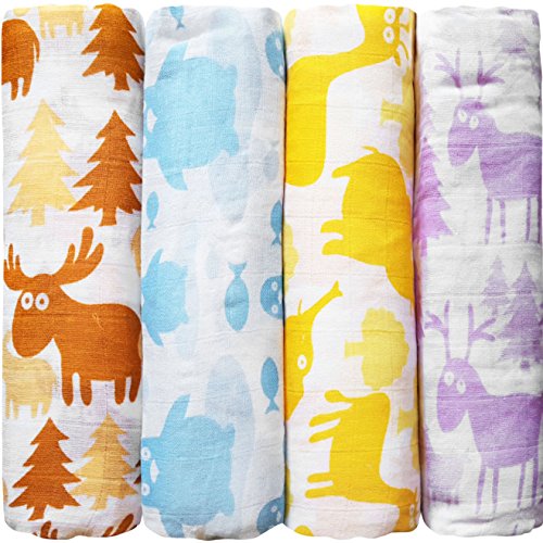 "Kunterbunte Tierchen" Pucktücher aus Musselin 4er-Pack – Große Musselin-Puckdecken von CuddleBug, 120 cm x 120 cm – Beste Musselintuch aus weicher Baumwolle – Bestes Geschenk für werdende Eltern – Ideal fürs Kinderbett – Für Mädchen oder Jungen – 4 niedliche Motive – Garantie auf Lebenszeit!