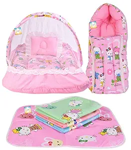 Bantoo New Born Baby Bedding Set Gift Items Combo Pack of Net Bed Sleeping Bag and Plastic Sheets Sets for 0-6 Months Baby Boys & Baby Girls (Pink IMP Kitty)