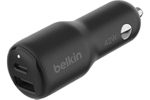 ‎BELKIN Belkin BoostCharge podwójna samochodowa ładowarka usb 42 W z portami USB-C 30 W PPS i USB-A 12 W do urządzeń Apple iPhone 16, 16 Pro, 16 Pro Max, iPhone serii 15/14/13/12, Samsung Galaxy S24, czarna